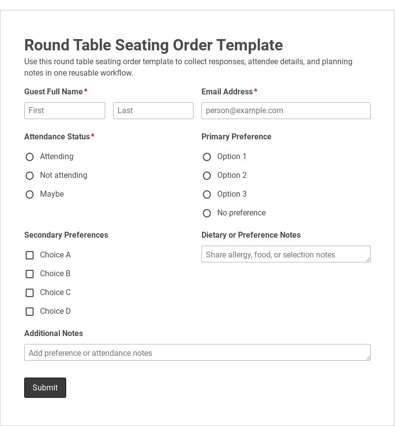 Round Table Seating Order Template form template