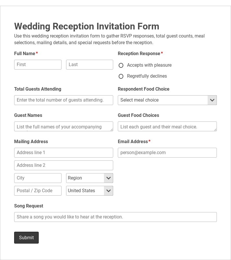 Wedding Reception Invitation Form