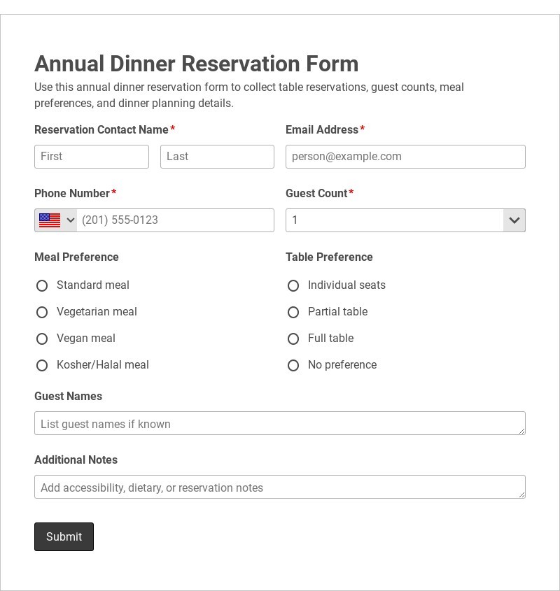Annual Dinner Reservation Form