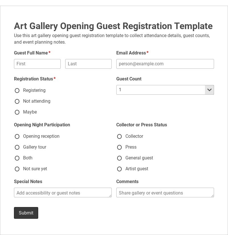 Art Gallery Opening Guest Registration Template form template