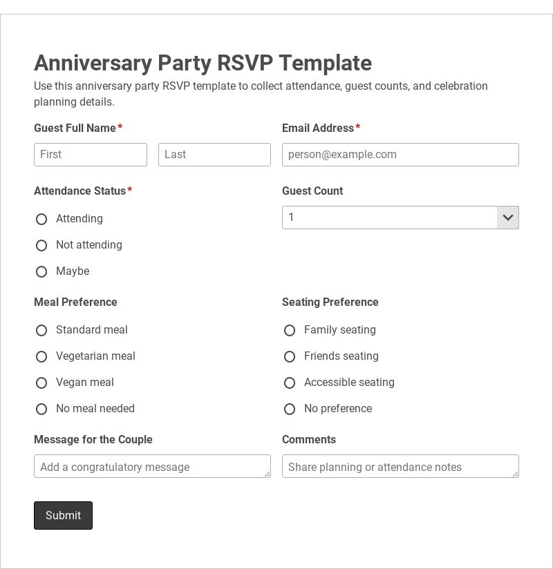 Anniversary Party RSVP Template