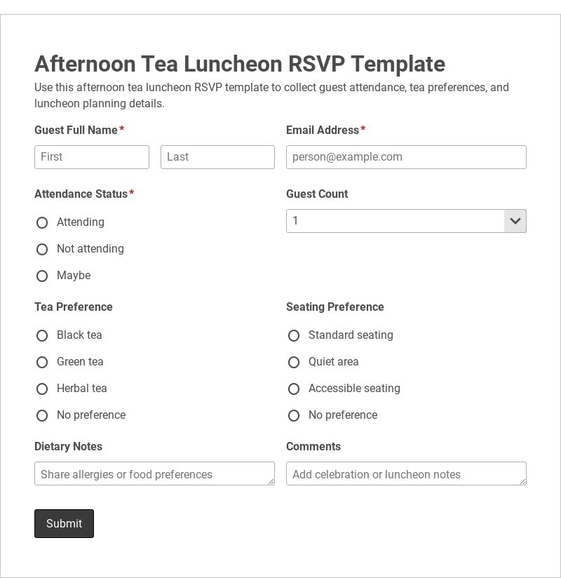 Afternoon Tea Luncheon RSVP Template