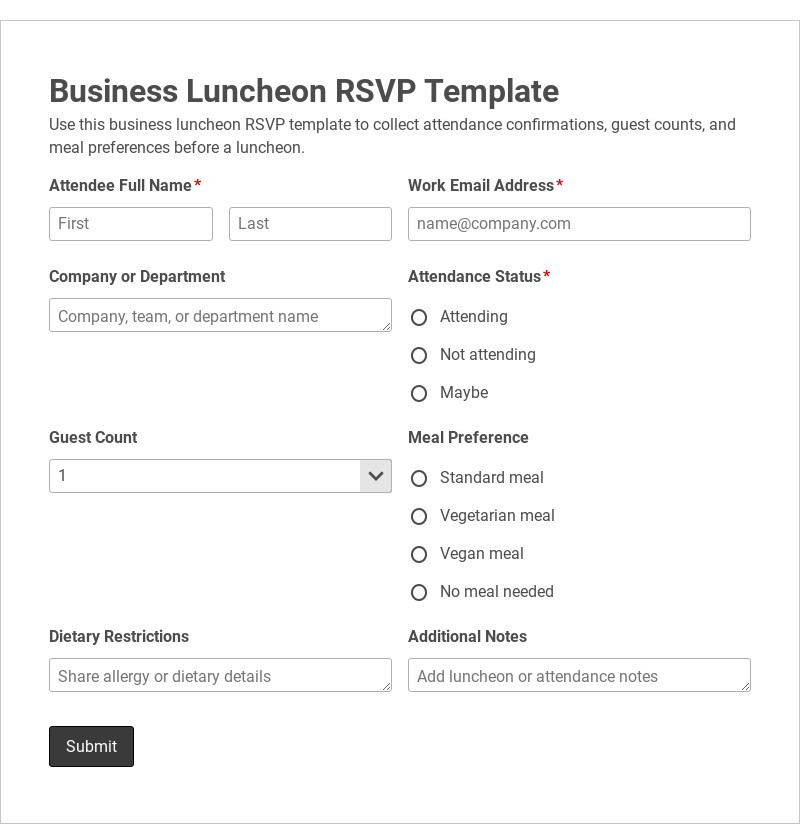Business Luncheon RSVP Template form template