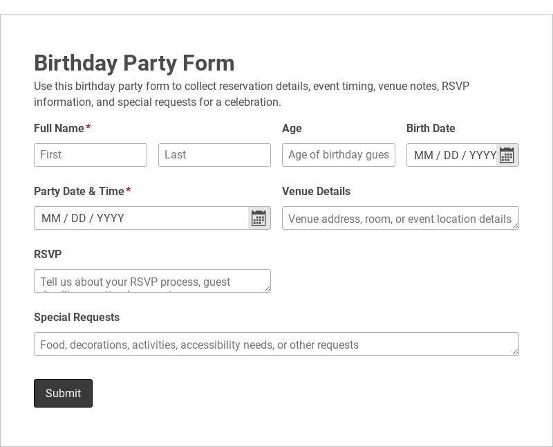 Birthday Party Form