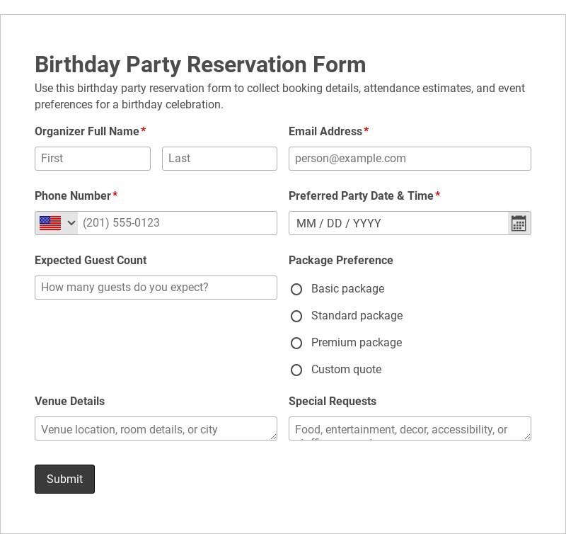 Birthday Party Reservation Form