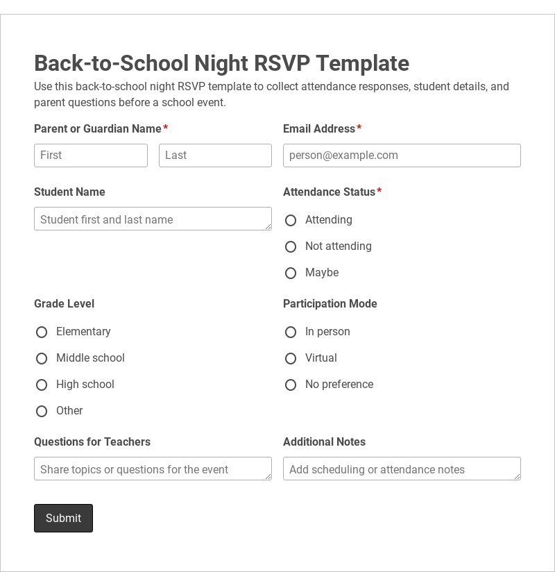 Back-to-School Night RSVP Template form template