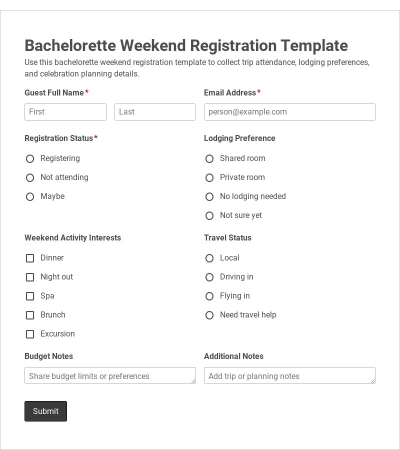 Bachelorette Weekend Registration Template form template