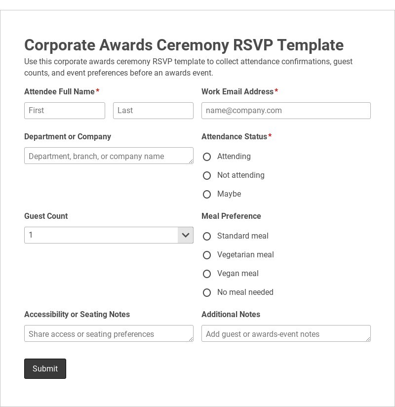 Corporate Awards Ceremony RSVP Template form template