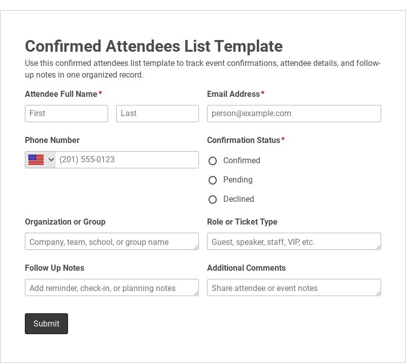Confirmed Attendees List Template form template