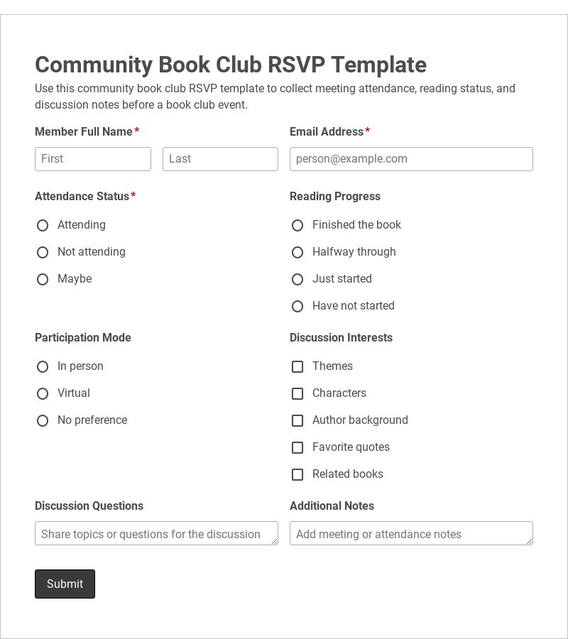 Community Book Club RSVP Template form template
