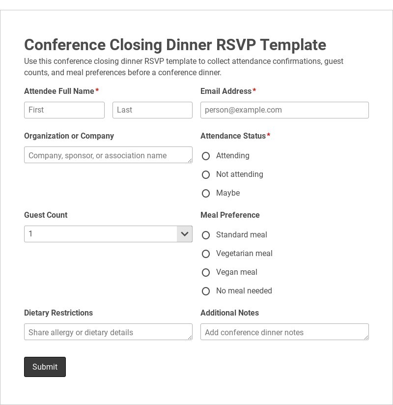 Conference Closing Dinner RSVP Template form template