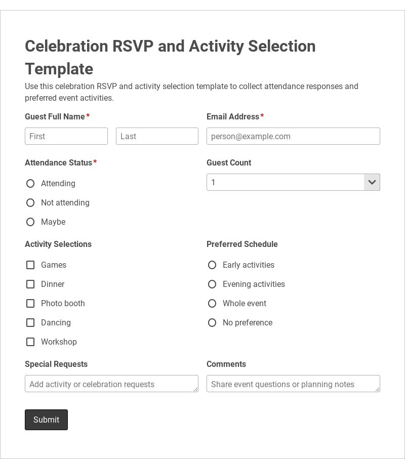 Celebration RSVP and Activity Selection Template