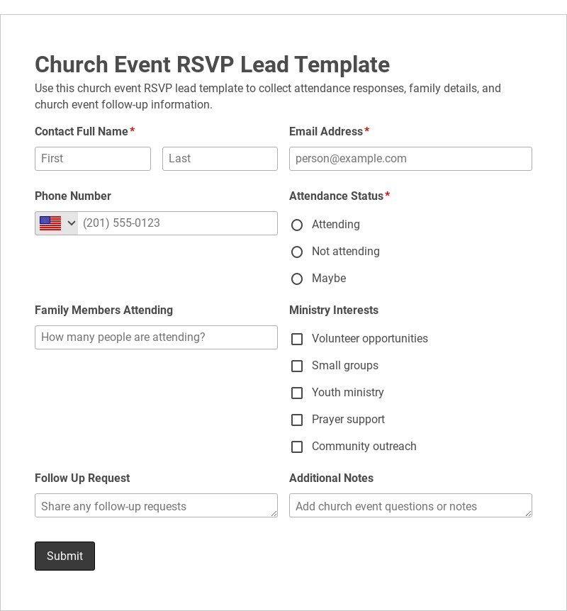 Church Event RSVP Lead Template form template