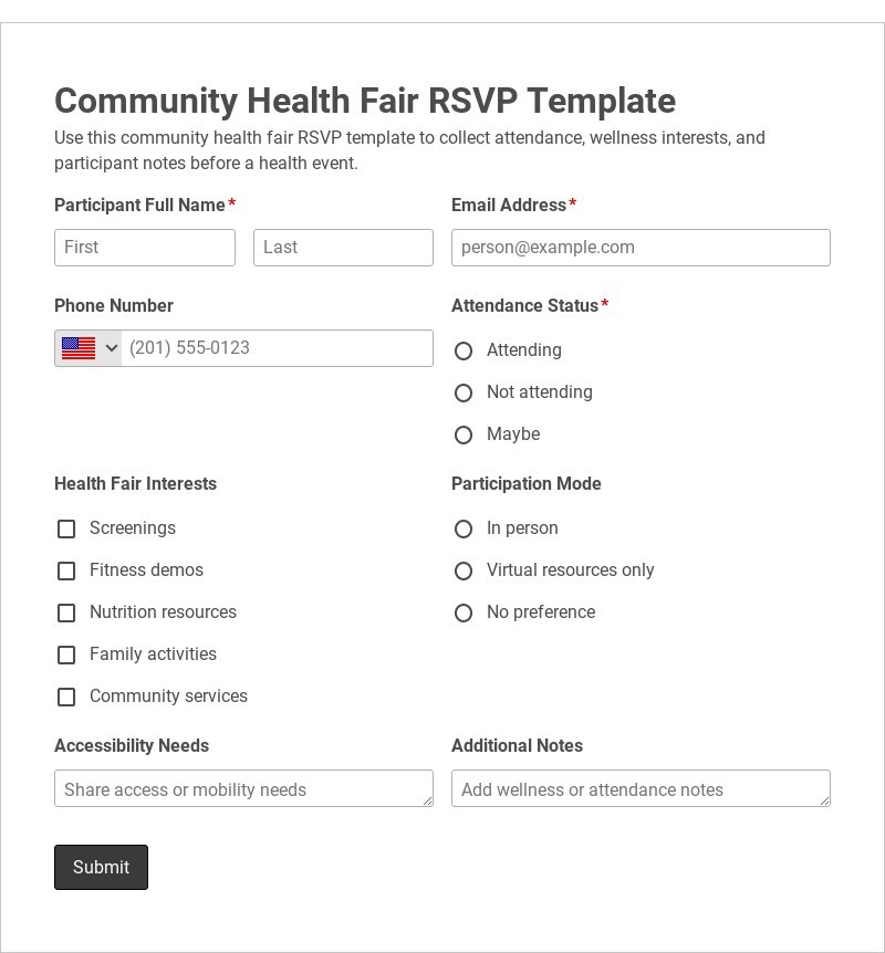 Community Health Fair RSVP Template form template