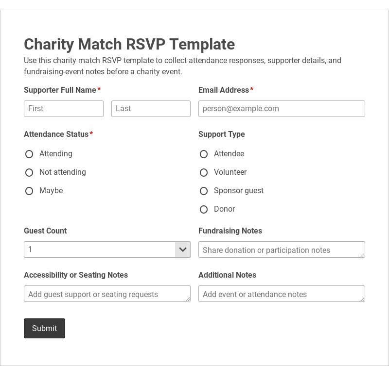Charity Match RSVP Template form template