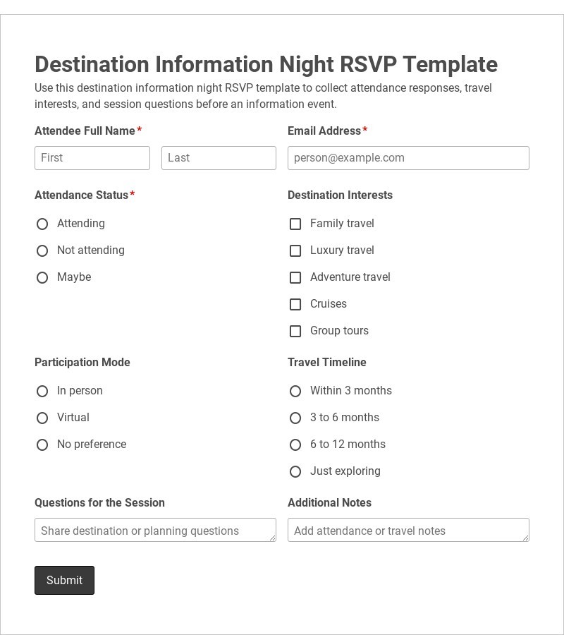 Destination Information Night RSVP Template form template