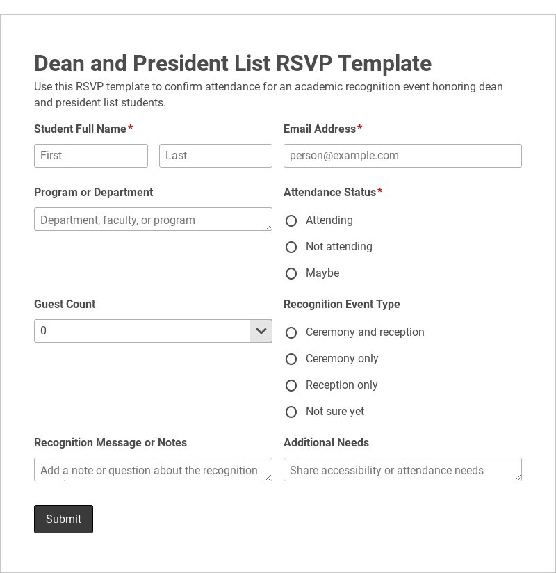 Dean and President List RSVP Template
