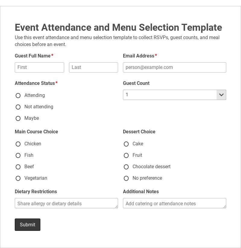Event Attendance and Menu Selection Template form template
