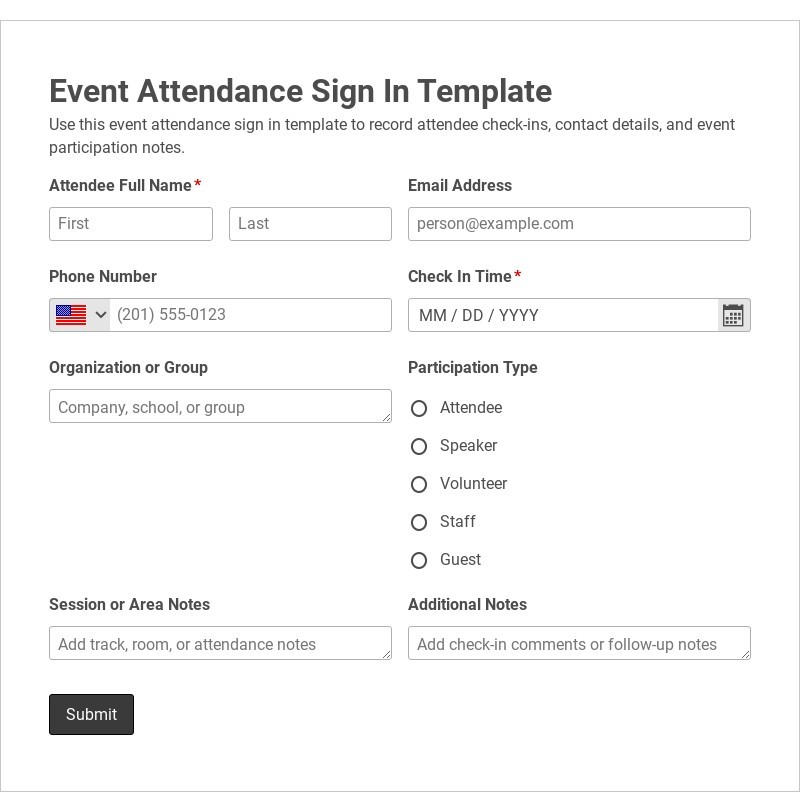 Event Attendance Sign In Template