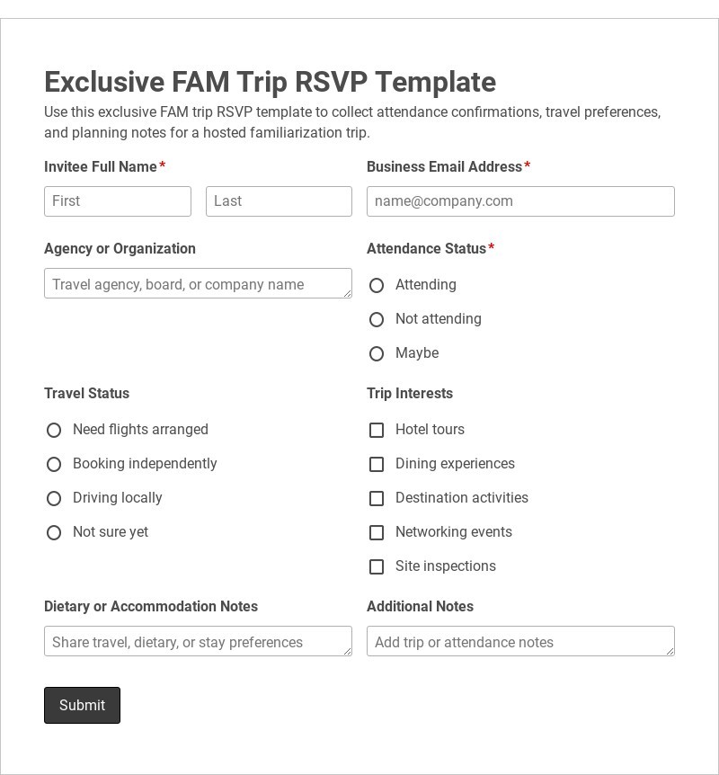 Exclusive FAM Trip RSVP Template form template