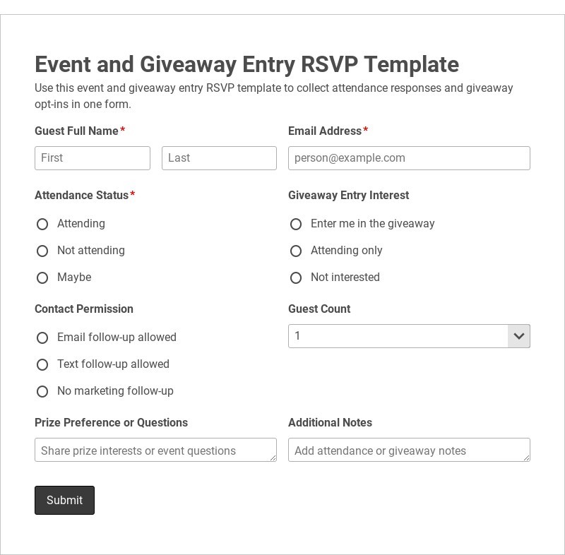 Event and Giveaway Entry RSVP Template form template