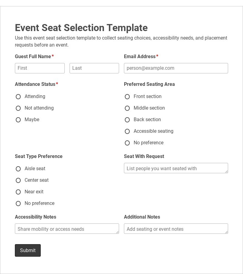 Event Seat Selection Template form template