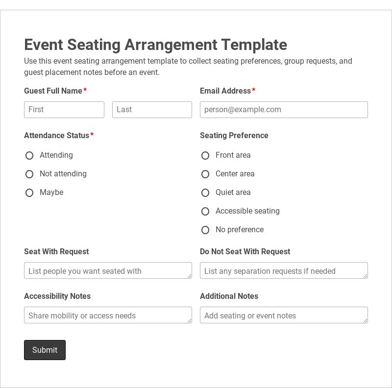 Event Seating Arrangement Template form template