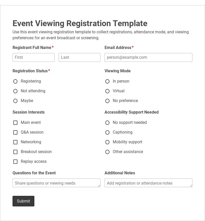 Event Viewing Registration Template form template