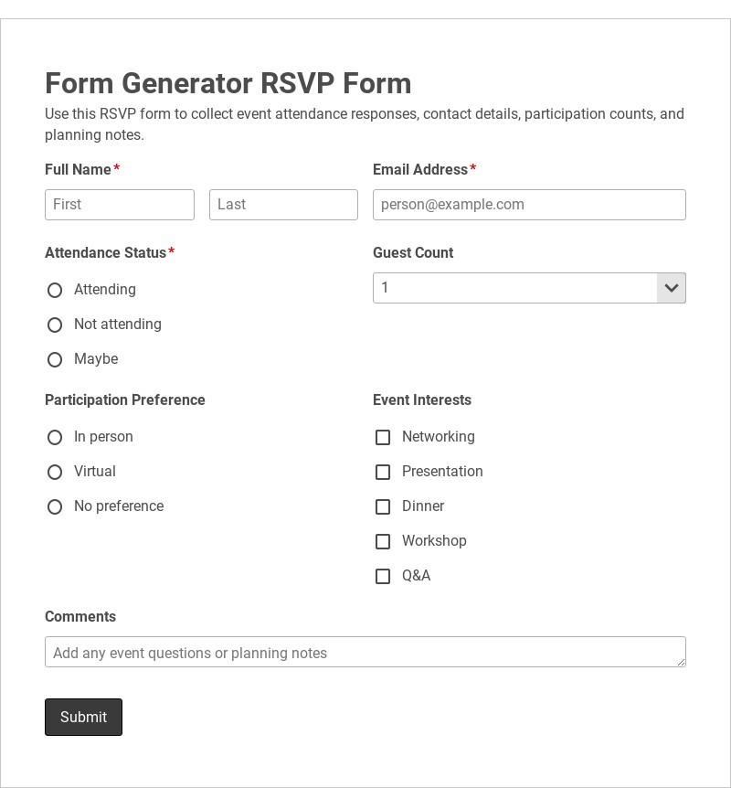 Form Generator RSVP Form