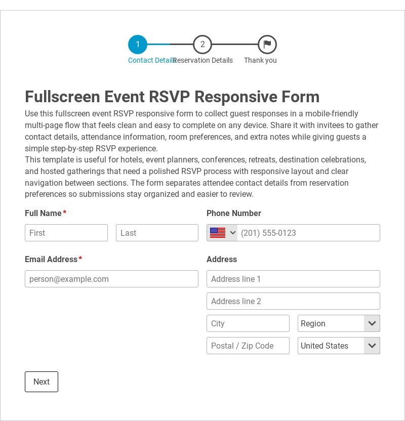 Fullscreen Event RSVP Responsive Form form template
