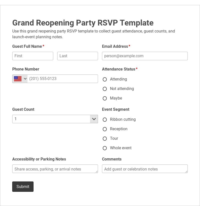 Grand Reopening Party RSVP Template form template