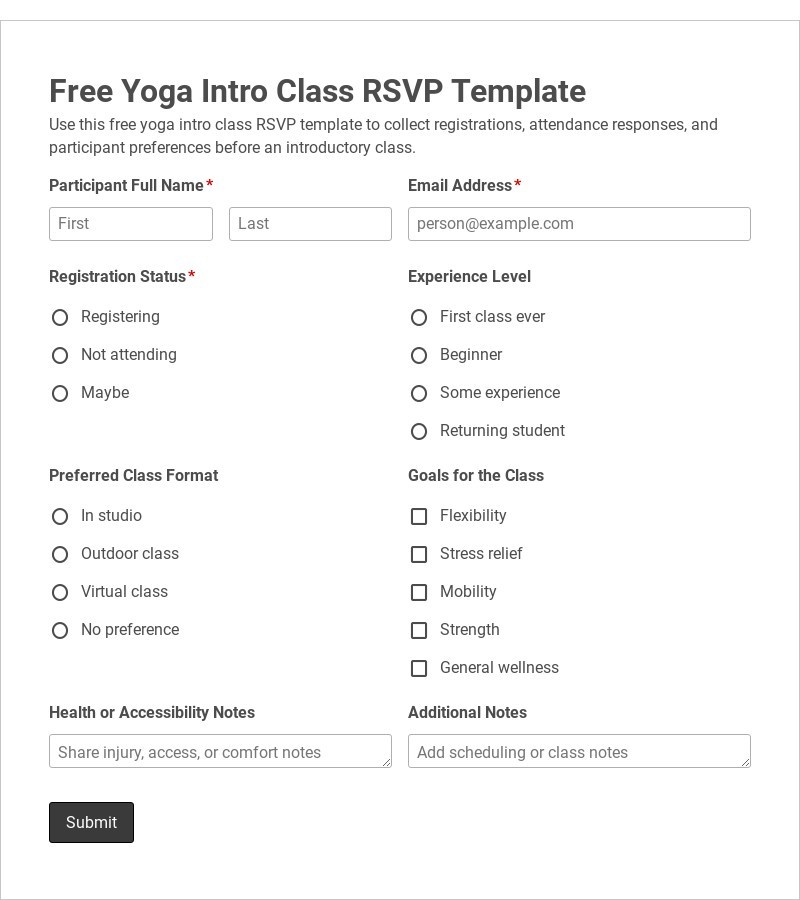 Free Yoga Intro Class RSVP Template form template