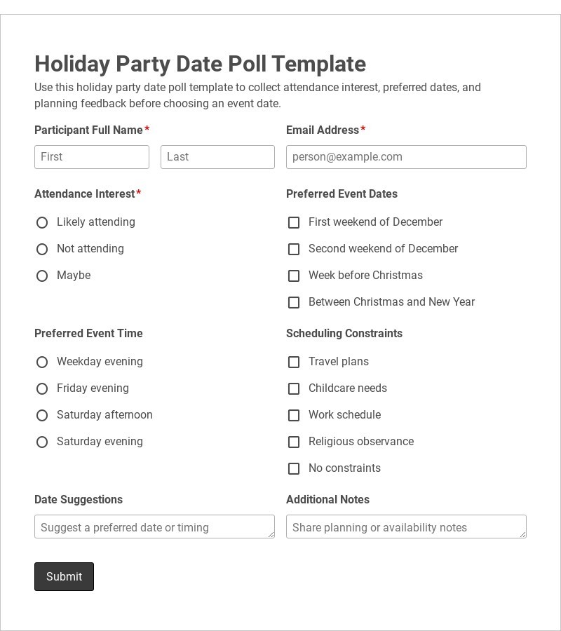 Holiday Party Date Poll Template form template