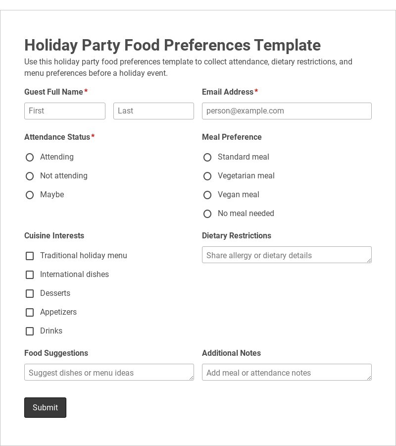 Holiday Party Food Preferences Template form template