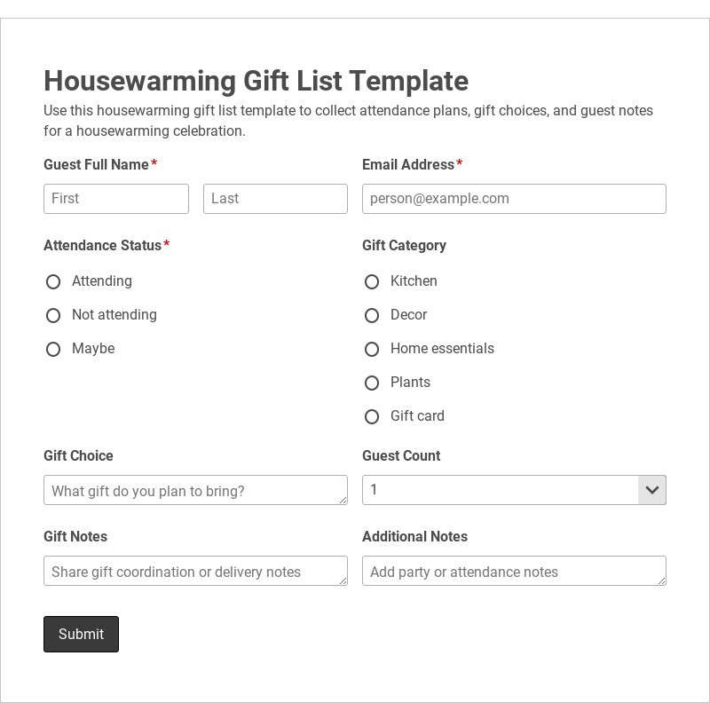 Housewarming Gift List Template form template