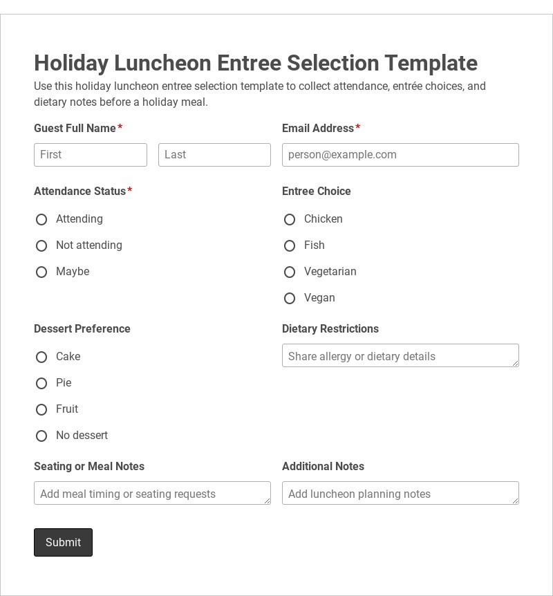 Holiday Luncheon Entree Selection Template form template