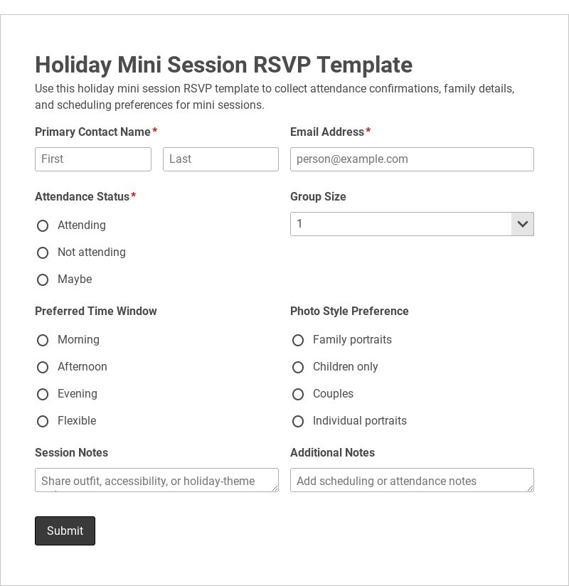 Holiday Mini Session RSVP Template form template