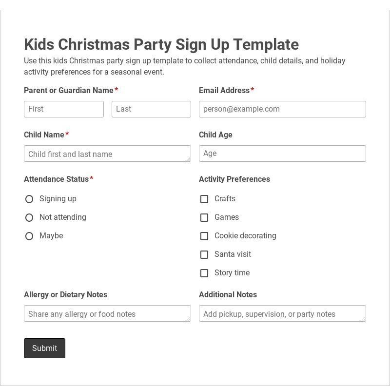 Kids Christmas Party Sign Up Template