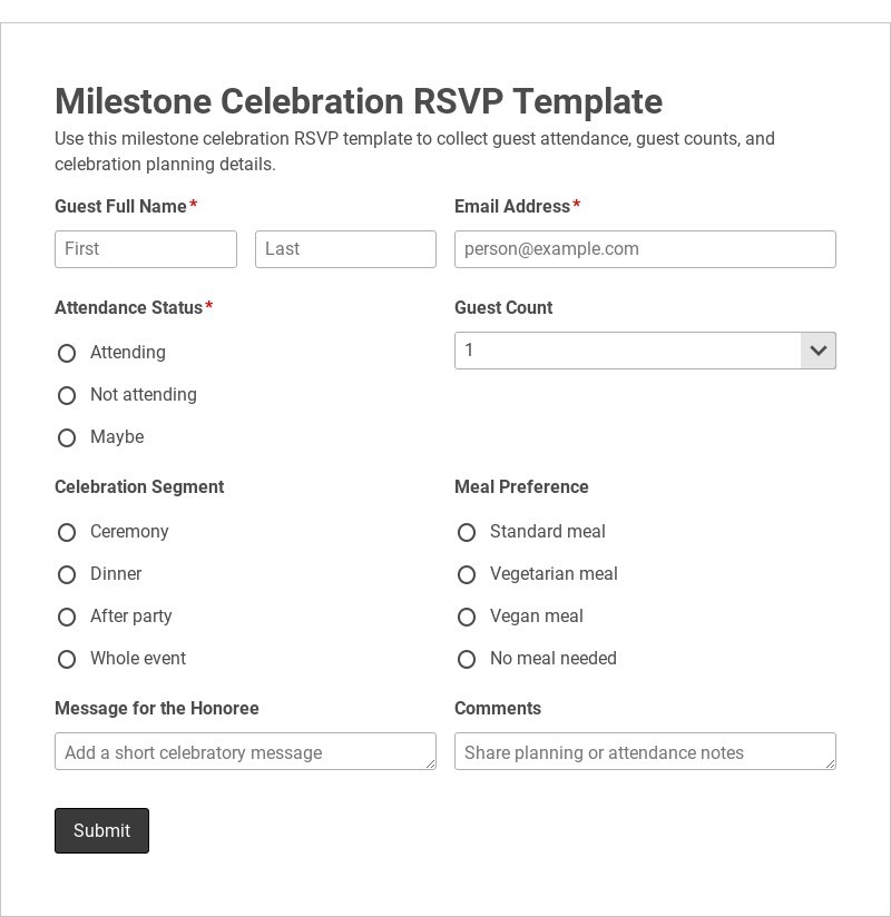 Milestone Celebration RSVP Template form template