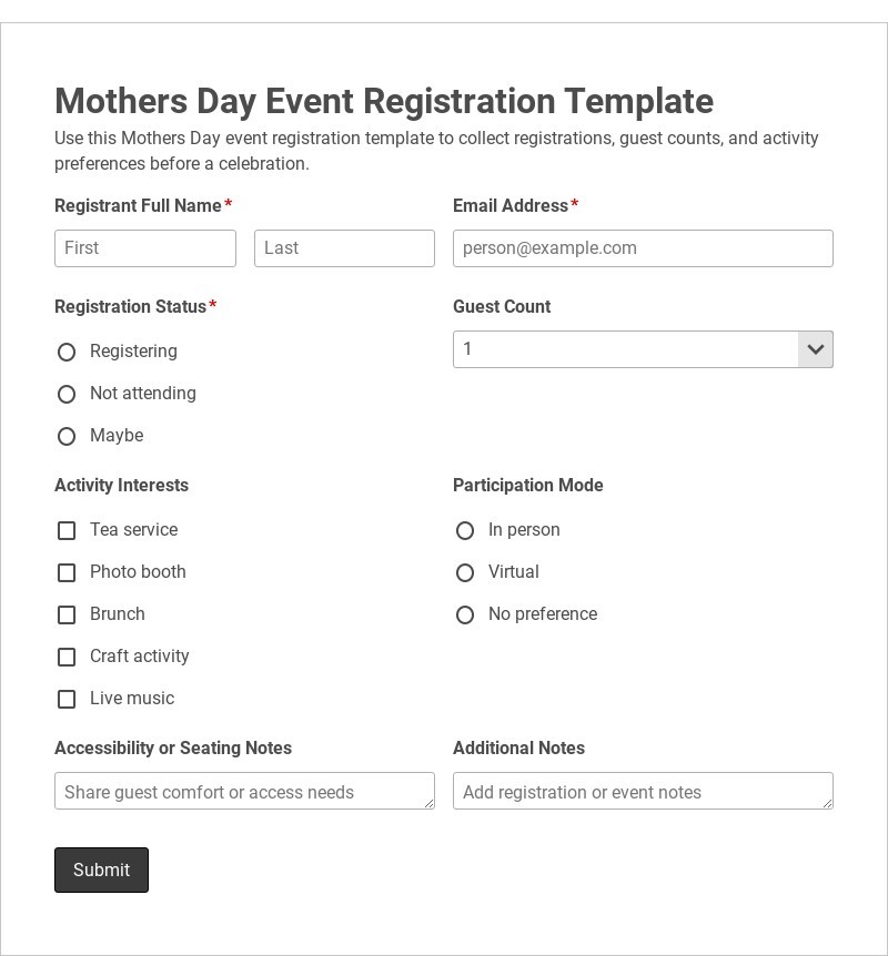 Mothers Day Event Registration Template form template