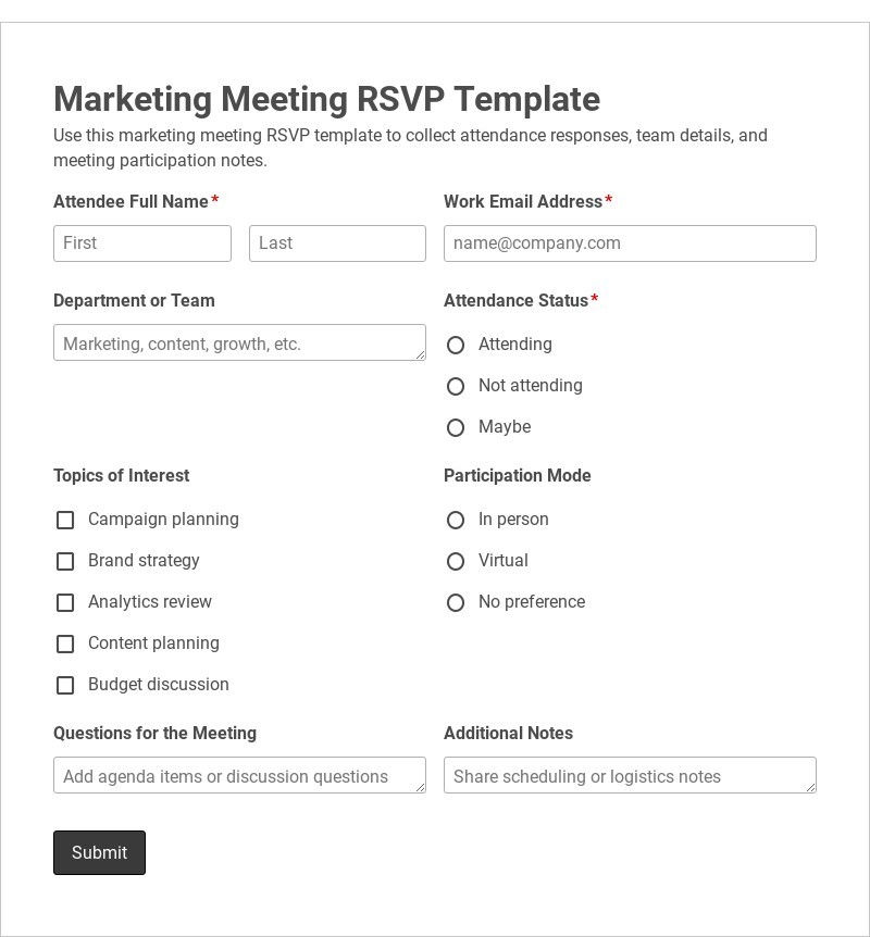 Marketing Meeting RSVP Template form template