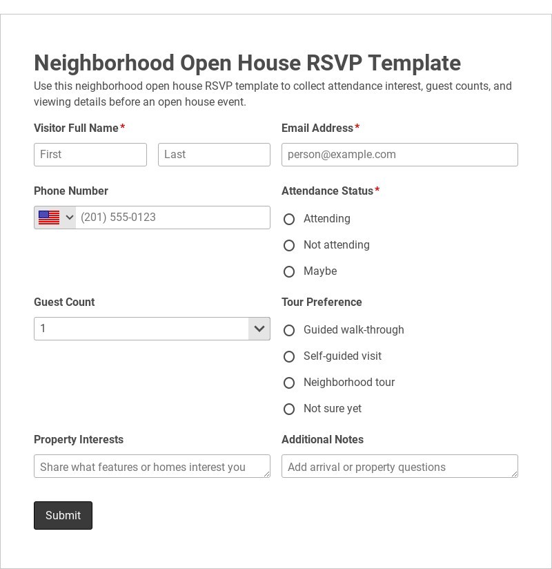 Neighborhood Open House RSVP Template form template