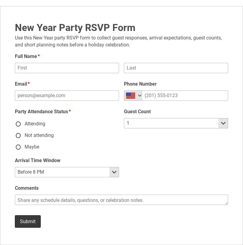 New Year Party RSVP Form