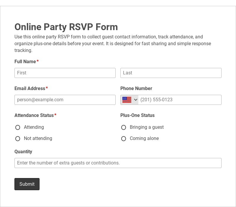Online Party RSVP Form