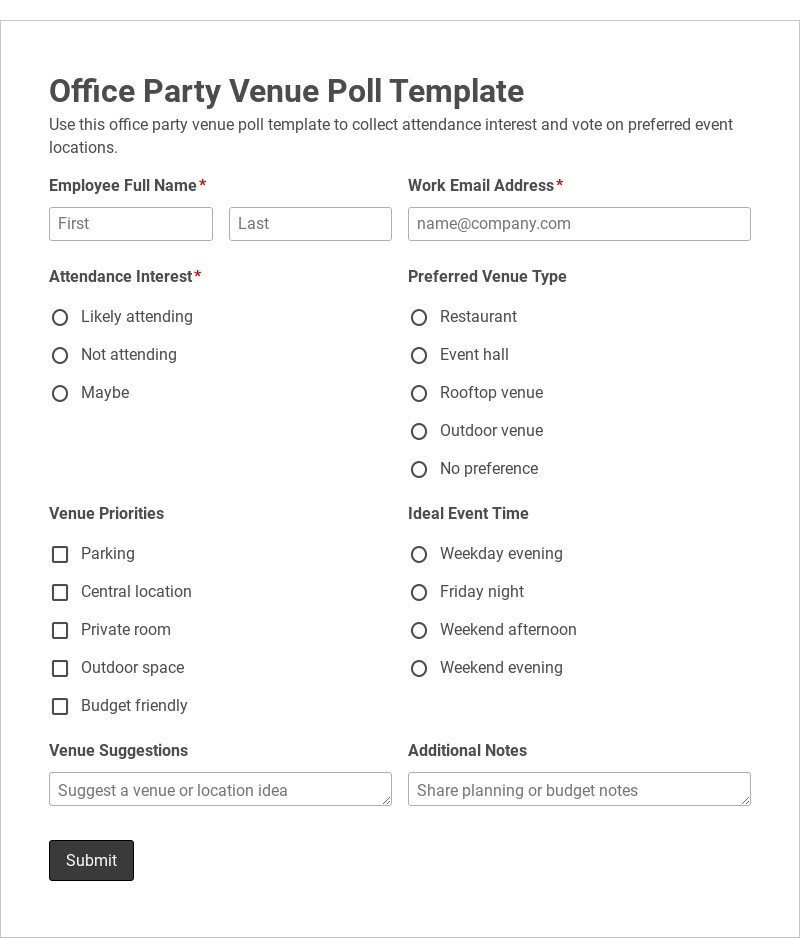 Office Party Venue Poll Template form template