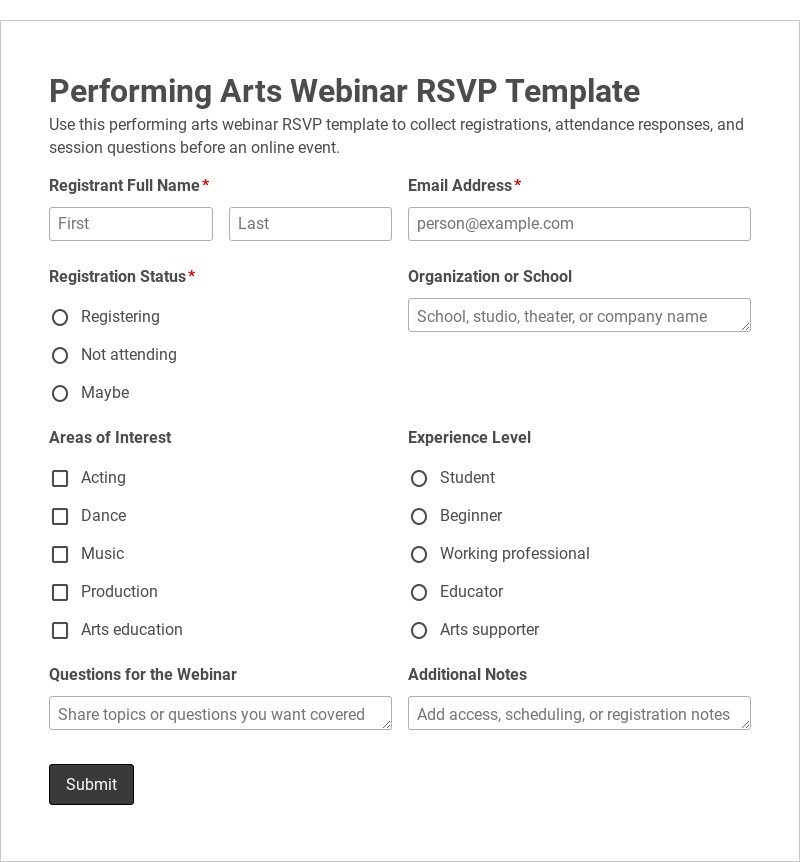 Performing Arts Webinar RSVP Template form template