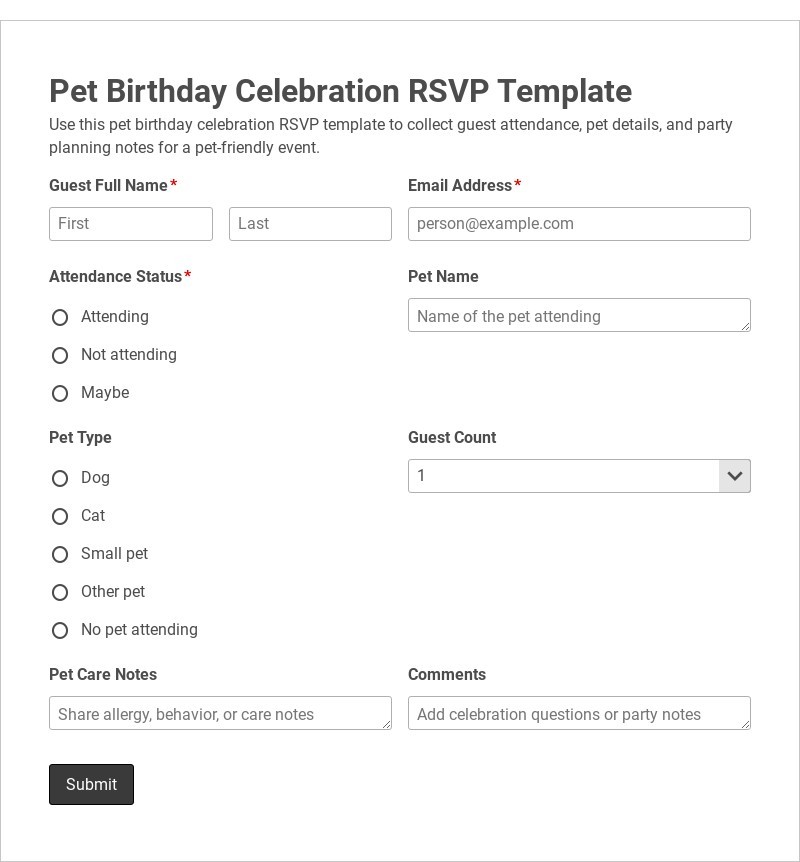 Pet Birthday Celebration RSVP Template form template