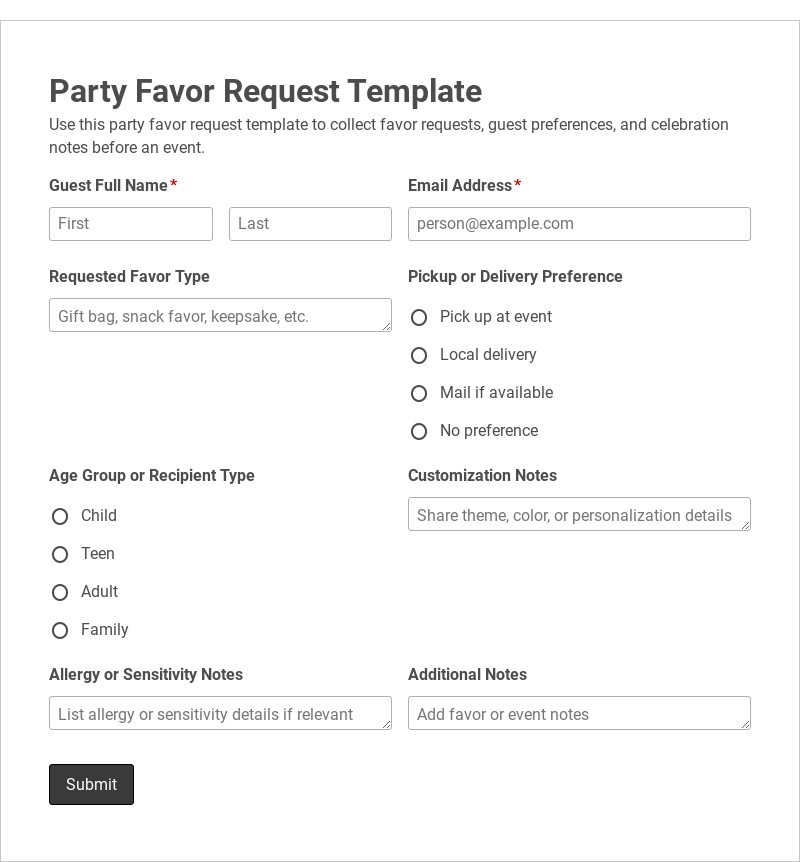 Party Favor Request Template form template