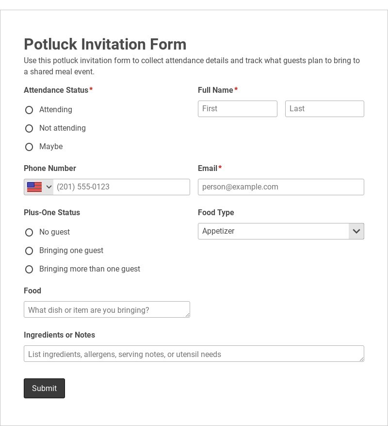 Potluck Invitation Form