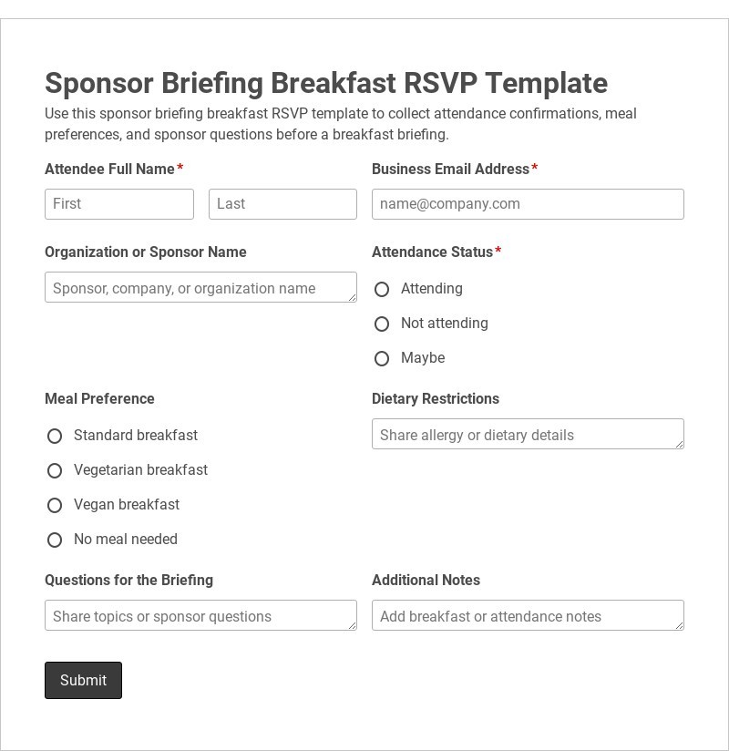 Sponsor Briefing Breakfast RSVP Template form template
